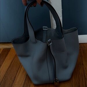 Picotin Style Classic Pebbled Leather Tote Bag in Slate Gray. Comes with Box